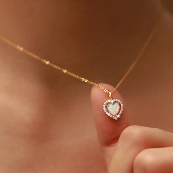 925 Sterling Silver Gold Plated Cubic Zirconia Opal Heart Necklace - Picture 4 of 6